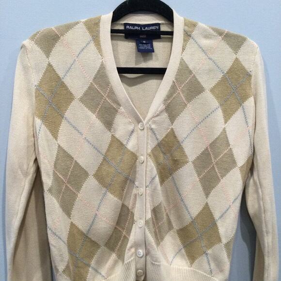 Ralph Lauren Womens Linen Blend Cardigan Size Small Argyle Cream Preppy Twee - Picture 6 of 7